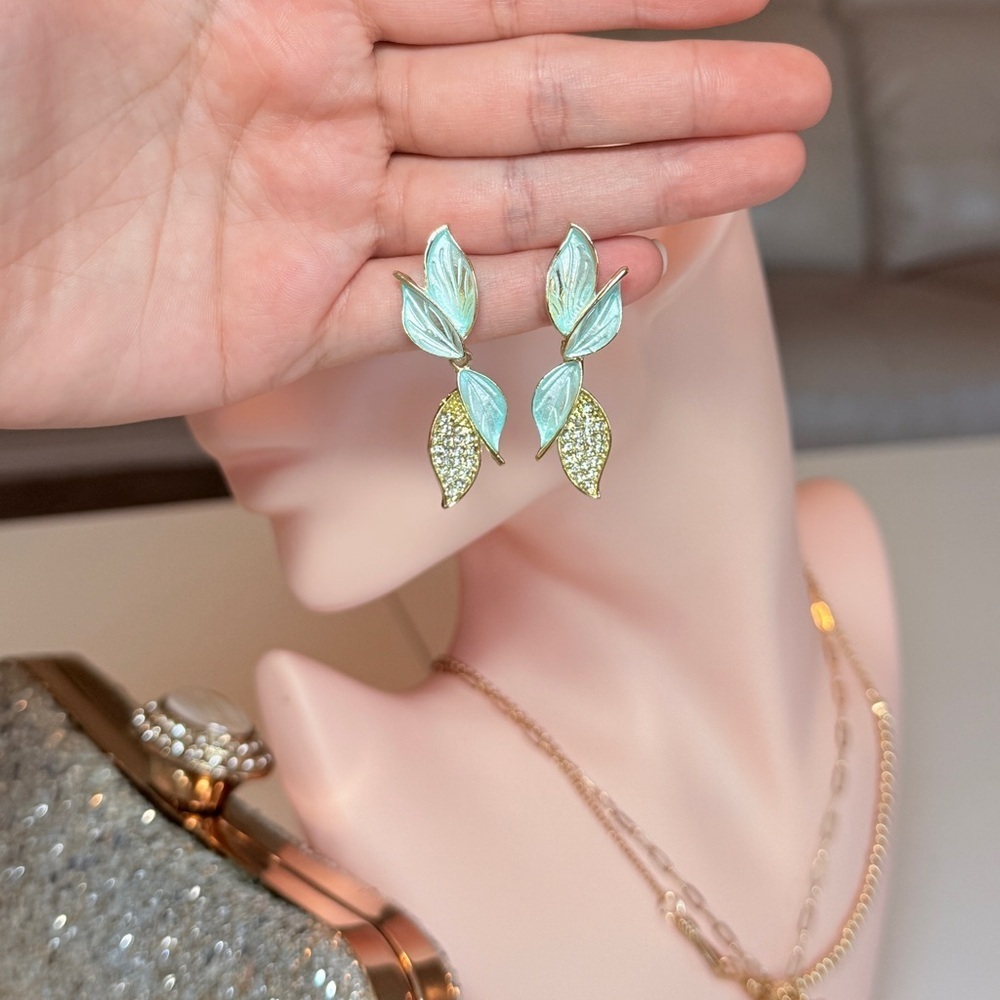 Gold Aqua Leaf Drop Earrings with Crystals - Picture 8 of 10